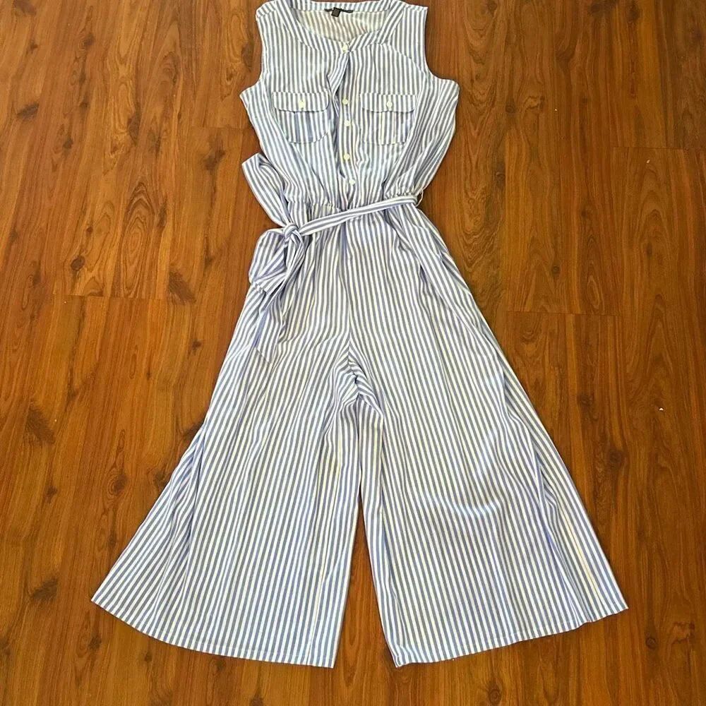 Spence adorable classy blue and white striped white leg jumper pants sleeveless